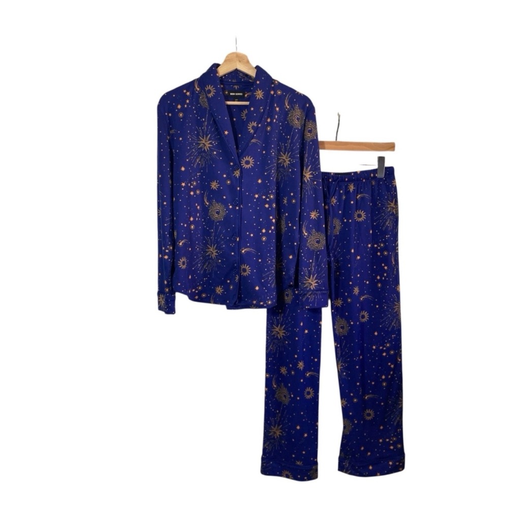 Room Service Celestial Pajama Set Blue Gold Sun Star Moon XS Long Sleeve Pants